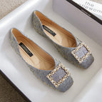 2022 Summer New Temperament Square Buckle Snowflake Rhinestone Pressed Satin Shallow Mouth Square Toe Metal Single Shoe Flat Shoes 555-12