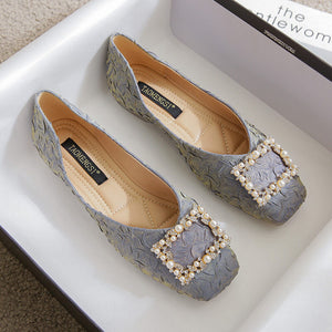 2022 Summer New Temperament Square Buckle Snowflake Rhinestone Pressed Satin Shallow Mouth Square Toe Metal Single Shoe Flat Shoes 555-12