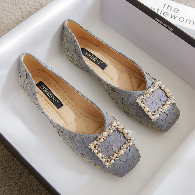 2022 Summer New Temperament Square Buckle Snowflake Rhinestone Pressed Satin Shallow Mouth Square Toe Metal Single Shoe Flat Shoes 555-12
