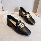 British style loafers female 2022 spring new square toe leather shoes large size metal buckle thick heel single shoes female 189-7