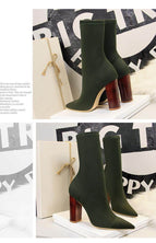 3129-3 Korean fashion short boots simple wood grain with thick heels elastic high heels Lycra sexy office shoes thin short boots