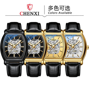 Chenxi new barrel type automatic mechanical watch men's leather hollow luminous waterproof watch CX-8815B