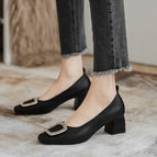 Square toe shoes women's 2022 new metal shoes casual soft shallow mouth women's thick heel Korean version 616-2