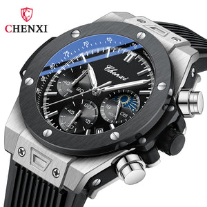 CHENXI New Rivets Cool Multifunctional Men's Watch Moon Phase Chronograph Calendar Silicone Strap Quartz Watch Men cx-939