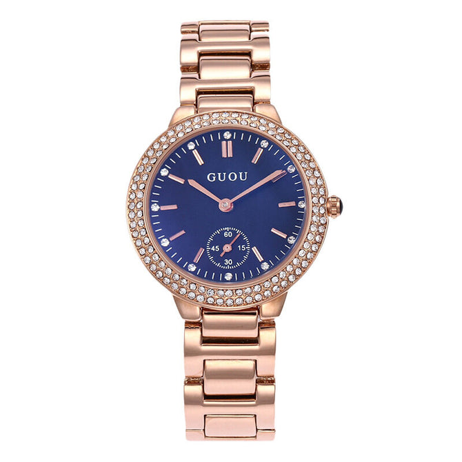GUOU 8141 Rhinestone Women's Watches Temperament Simple Two-pin Half Women's Watch Fashion Blue Glass Rose Steel Band Watch for Women
