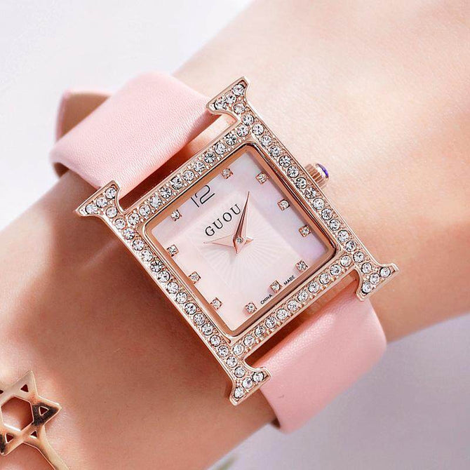 GUOU New Luxury Extravagant Diamond Ladies Square Watch Trend Fashion Watch Tide Leather Strap Watch