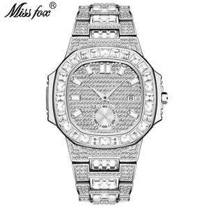MISSFOX fashion punk hip hop full diamond men's watch gold waterproof calendar quartz watch tide V299