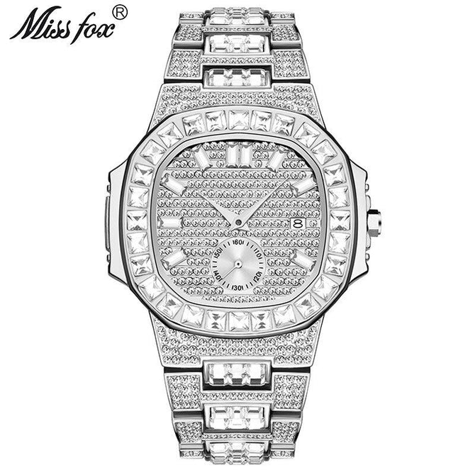 MISSFOX fashion punk hip hop full diamond men's watch gold waterproof calendar quartz watch tide V299