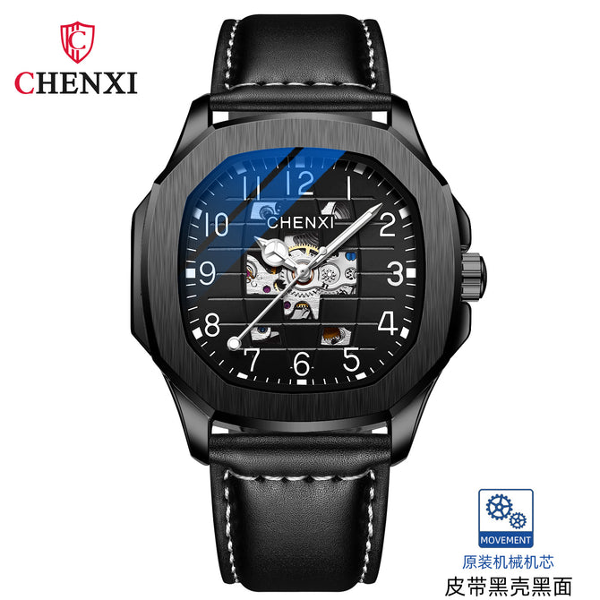 CHENXI new leather high-end square mechanical watch men's waterproof luminous automatic hollow mechanical watch CX-8813