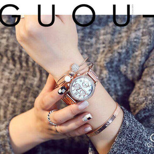 GUOU 8175 Women's Watches Fashion Stainless Steel Ladies Watch Rose Gold Watch Luxury Diamond Women waterproof Watches large dial metal calendar quartz steel band watch