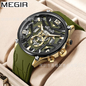 Megir Men's Watch Multi-Function Timing Three Eyes and Six Needles Silicone Quartz Watch 2222G