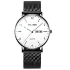Belushi  541 2019 Men Watch Ultra Slim Steel Mesh Quartz Wristwatch Dual Calendar Simple Black Clock Male Watch