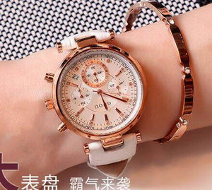 Fashion GUOU 8080 Real 3 Eyes Waterproof Leather Rose Gold Steel  Calendar Wristwatches Watch for Women