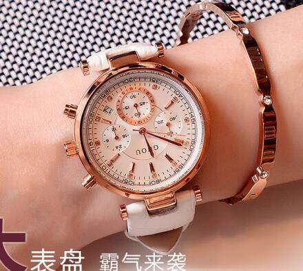 Fashion GUOU 8080 Real 3 Eyes Waterproof Leather Rose Gold Steel  Calendar Wristwatches Watch for Women