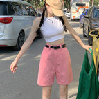 JEANS high-waist candy-colored denim five-point pants women's 2022 Korean version of high-waisted thin fresh casual pants 0567