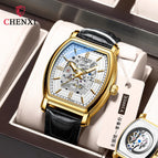Chenxi new barrel type automatic mechanical watch men's leather hollow luminous waterproof watch CX-8815B