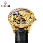 CHENXI new leather butterfly buckle automatic mechanical watch men's waterproof luminous golden tiger flywheel watch CX-6029B