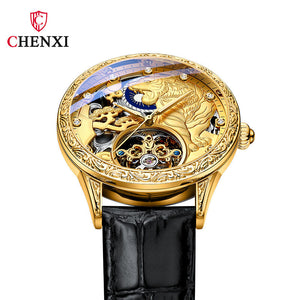 CHENXI new leather butterfly buckle automatic mechanical watch men's waterproof luminous golden tiger flywheel watch CX-6029B