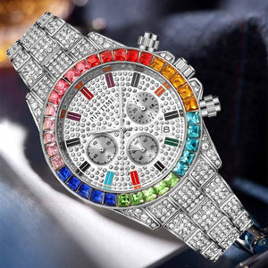 PINTIME men's watch Crystals Three-Eye Watch Square Rhinestone Diamond Men's and Women's casual quartz Watch PT2742