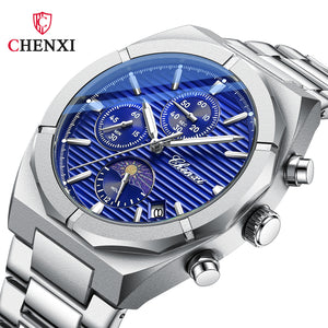Chenxi Multi-Functional Men's Watch Moon Calendar Timing Waterproof Black Steel Belt Quartz Watch CX-962