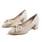 Thick heel pointed toe single shoes female 2022 new fairy girl bow 5CM high heels large size party shoes 368-3
