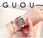 [Large Stock] GUOU 8190 Square Fashion Luxury Ladies Bracelet Waterproof Watch Leather Strap women's Watches