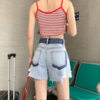 JEANS design sense jeans women's 2022 new contrast color a-line loose high-waisted slim shorts 383