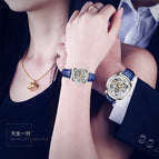 KINYUED couple diamond thin mechanical watch hollow leather fashion business watch J076