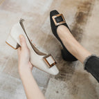 Korean version metal buckle loafers women's medium heel shoes new thick heels summer casual shallow mouth women's shoes 772-7
