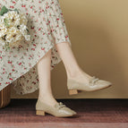 2022 shallow mouth shoes medium thick heel pleated female pearl soft all-match square toe thick heel shoes for women 1366-11