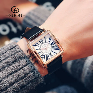 Guou 8093 Hong Kong Watch personality square Blu ray men's quartz watch Roman scale belt watch man's Watch Gift