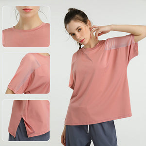 Fashion Quick-Drying Loose Elastic Running Smock T-shirt Mesh Stitching Sports Short Sleeve Fitness Yoga Wear Women