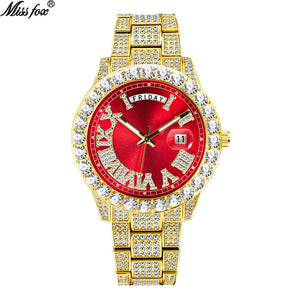MISSFOX Watch for men fashion full diamond hip hop diamond week calendar men's quartz watch V332A