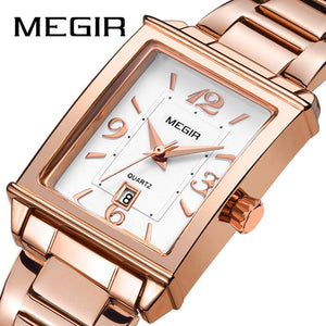 Megir women's watch light retro fashion Square Watch imported movement calendar steel band quartz lady  watch 1079
