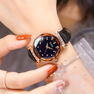 GUOU 6603 Sky Luxury Rose Mesh Steel Leather Quartz Analog Waterproof Watch Sky Stars Dial WristWatches Gifts for Women