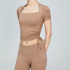 New Yoga Clothes T-shirt Side Drawstring Slimming Sports Top Fitness Clothes for Women yoga running outdoor clothing