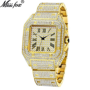 Missfox gold Roman high-end hip-hop star-studded diamond square men's watch fashion quartz watch V324