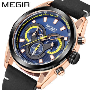 Megir watch men's fashion blue timing leather watch sports quartz watch 2135