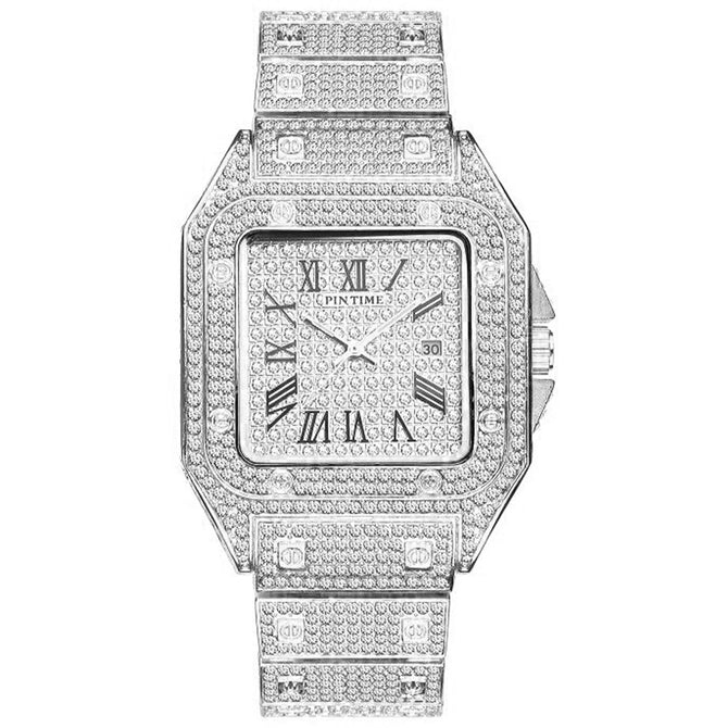 Pintime Full Diamond men's Watch Steel Band Large Dial waterproof calendar men Quartz Watch PT2627