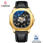 CHENXI new leather high-end square mechanical watch men's waterproof luminous automatic hollow mechanical watch CX-8813