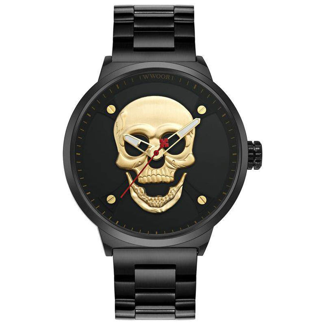 WWOOR Fashion Skull Men's Mesh Quartz Watch Black Solid Steel Creative Casual Watch 8867