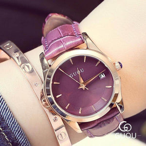 High Quality GUOU 8055 Classic Rose Gold Leather Gift Quartz Analog Bracelet Wristwatches Watch for Women Girl Female