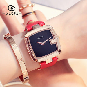 [Large Stock] GUOU 8190 Square Fashion Luxury Ladies Bracelet Waterproof Watch Leather Strap women's Watches