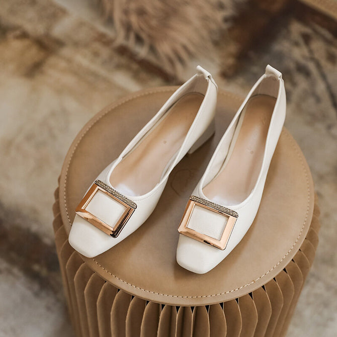 Korean version metal buckle loafers women's medium heel shoes new thick heels summer casual shallow mouth women's shoes 772-7