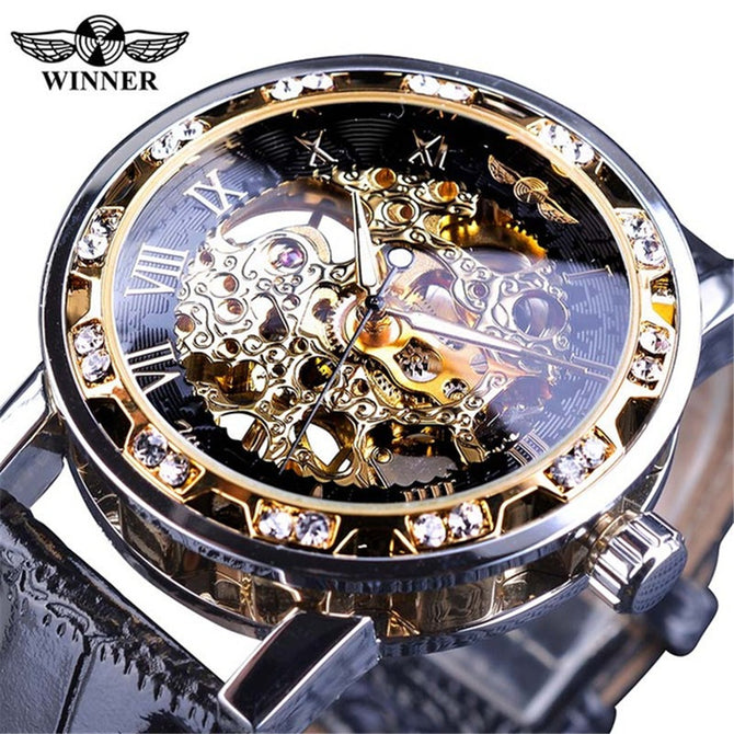 Winner Watch Men's Fashion Casual Classic Popular Rhinestone Hollow Manual Mechanical men Watch SLZg48