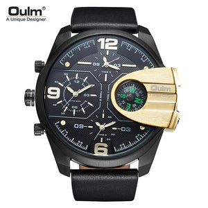 Oulm Ouli Men's Watch Large Dial Multi Time Zone Casual Leather Watch Compass 3790
