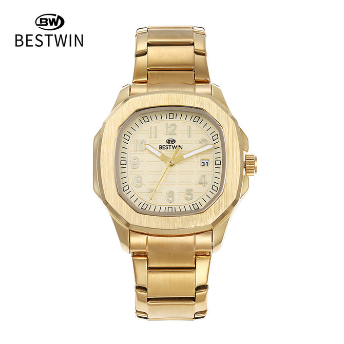 BESTWIN men's watch Square Butterfly Clasp Fashion Steel Calendar Men's casual Quartz Watch 985