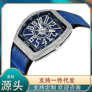 PINTIME Watch Men's casual Frankenstein Wine Barrel Watch Large Dial Watch leather Diamond Retro Watch