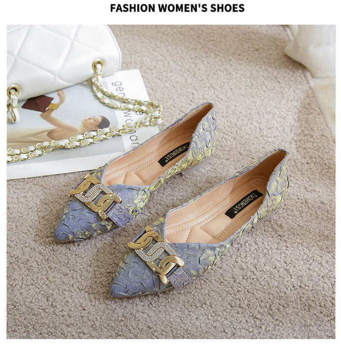 2022 summer new metal string buckle rhinestone pressed satin shallow mouth single shoes flat office lady women scoop shoes female 222-20