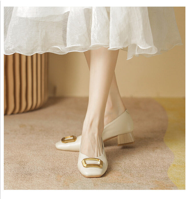 2022 spring new small fragrant style shallow mouth shoes women's square head single shoes women's buckle single shoes thick heel granny shoes women 17820-2